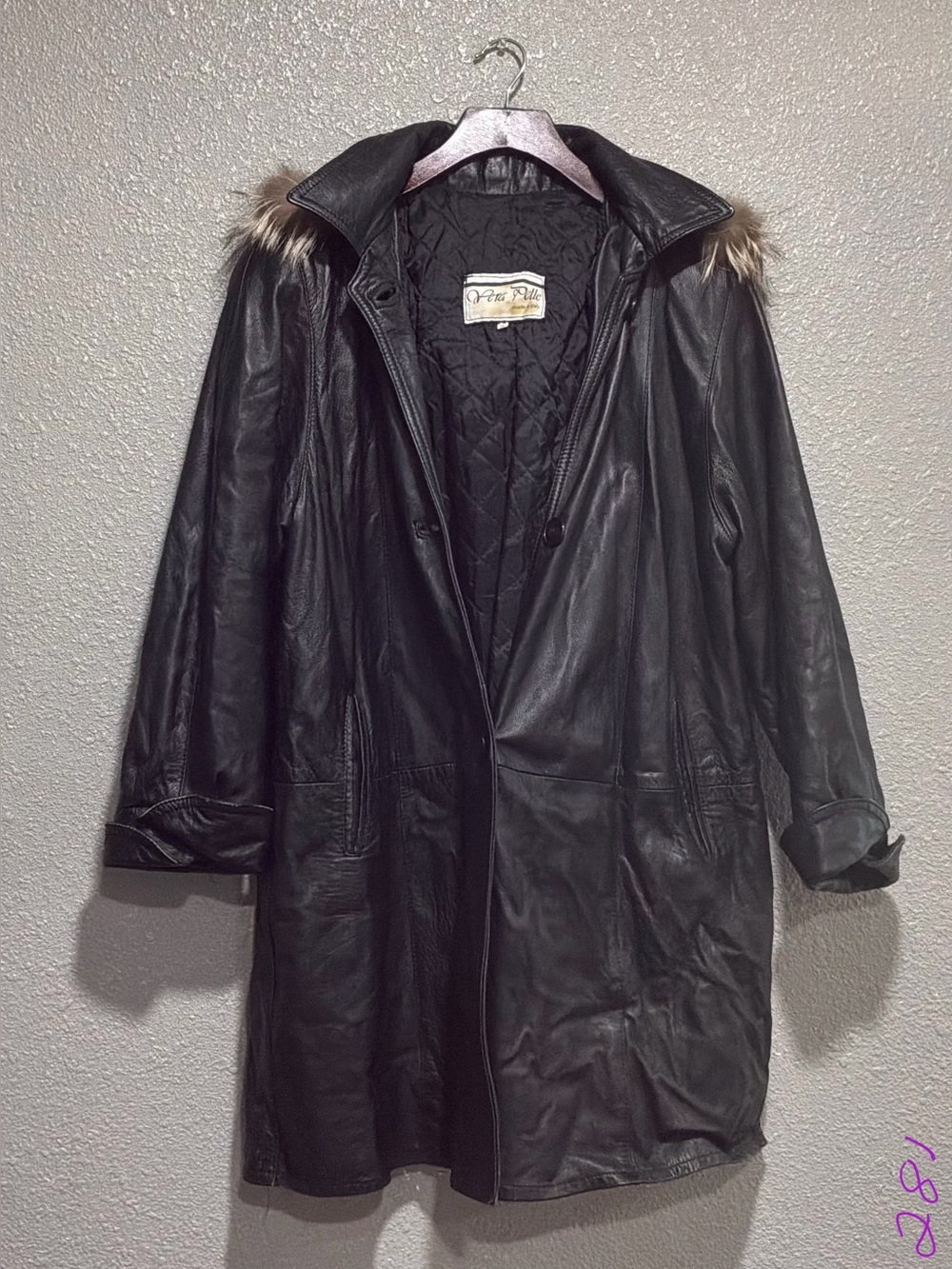 Vera Pelle Black Leather Coat with Faux Fur Trim
